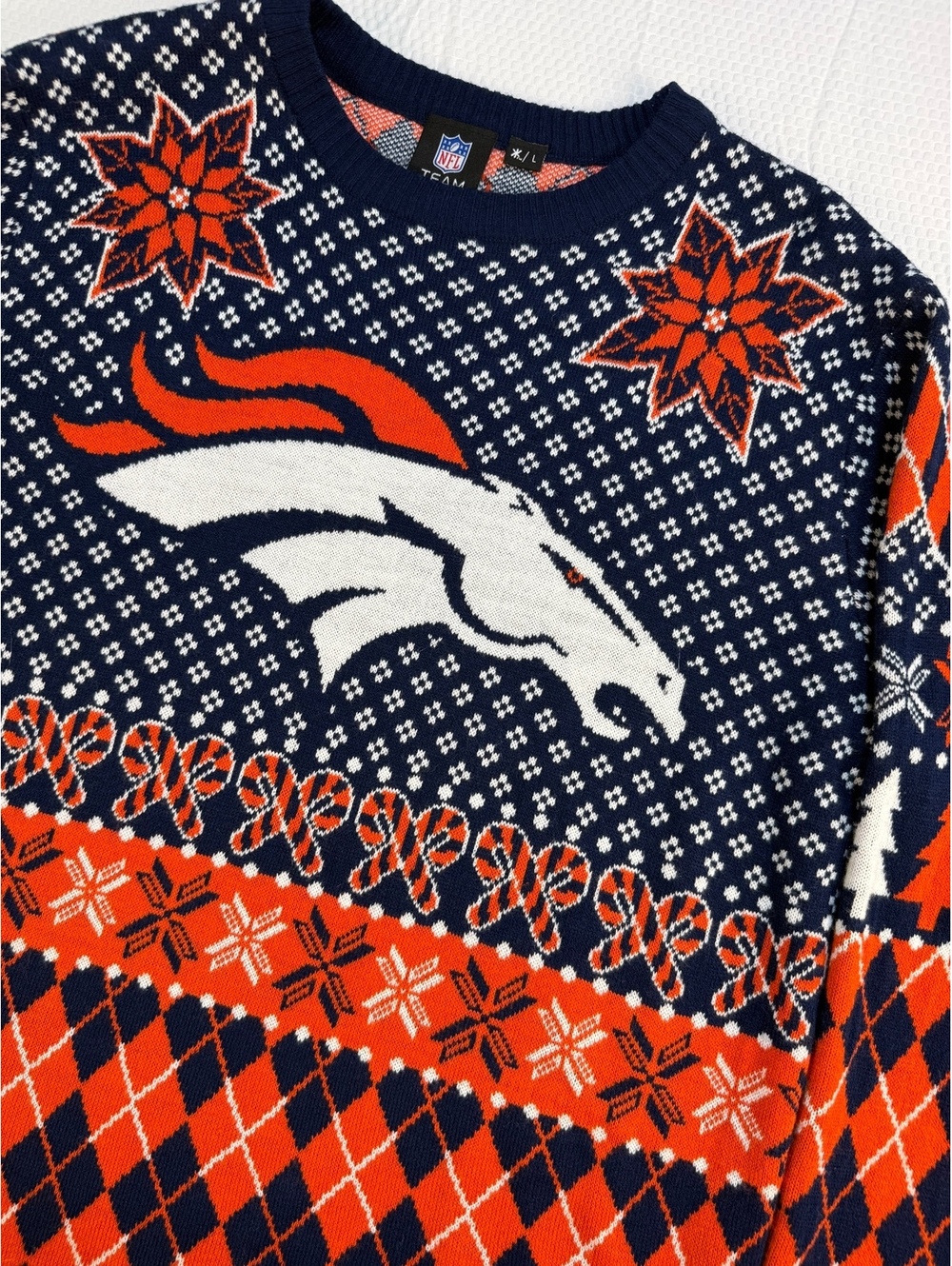Denver Broncos Ugly Christmas Sweater Men L NFL Reindeer Holiday Knit